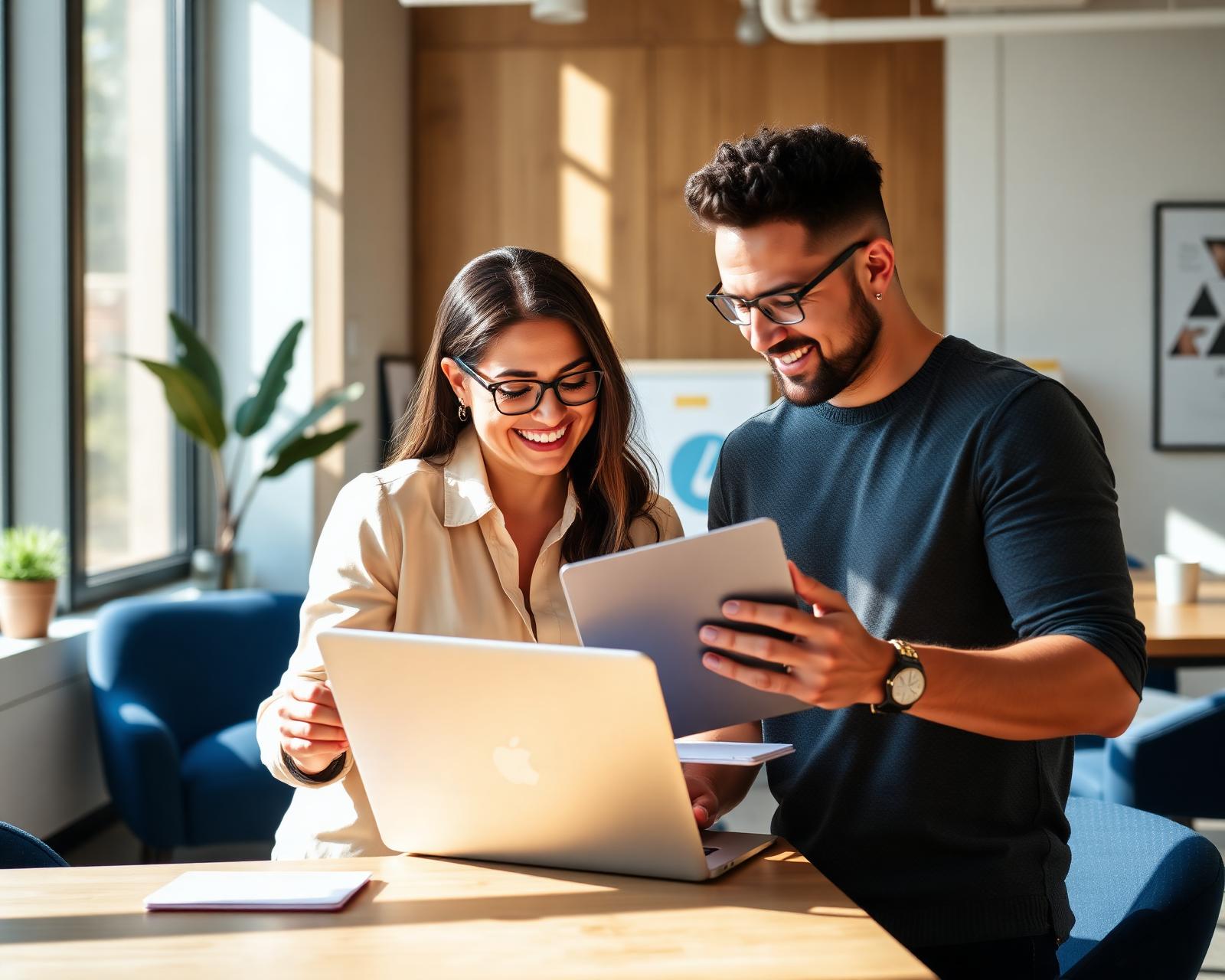 Two small business owners collaborating with a financial advisor in a sunlit office